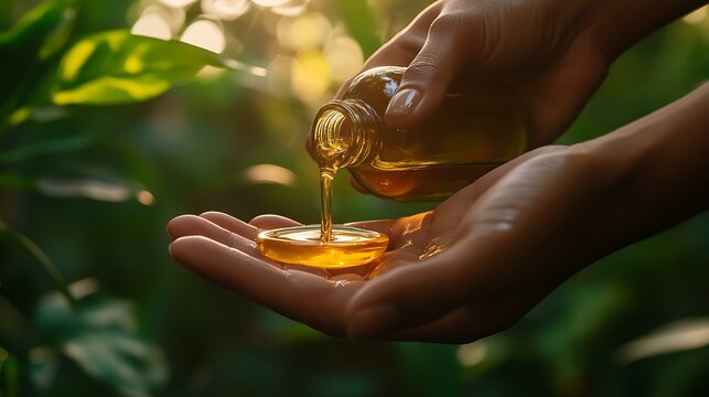 A close-up of hands pouring massage oil onto a palm before a therapeutic session