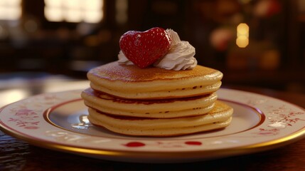 Delicious stack of pancakes topped with heart-shaped strawberry and whipped cream on a decorative plate