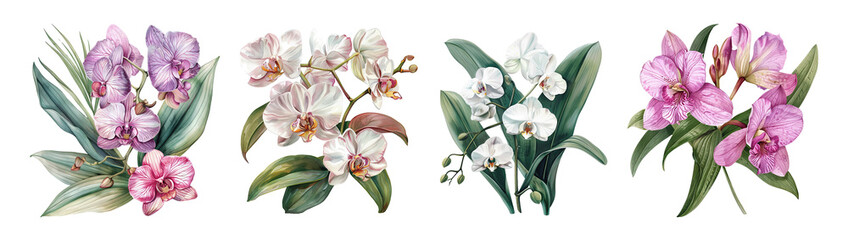 Set of orchid and leaves flower can be used as greeting