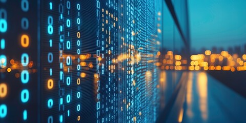 Binary Cityscape: A futuristic cityscape at dusk is seen through a window, with an abstract digital code overlayed on the glass, reflecting the cityscape lights.