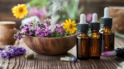 A relaxing setting with an aromatherapy diffuser and essential oils for pain relief therapy