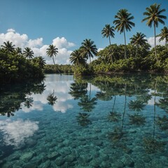 Obraz premium A tropical lagoon on an island, where the water is so still it mirrors the sky and the trees.