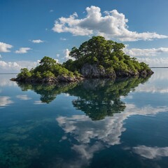 A floating island surrounded by glassy waters, where you can see the reflection of the sky and the land in perfect harmony.
