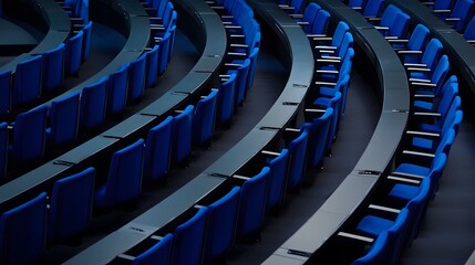 BERLIN, GERMANY - July 1, 2023, empty, blue seats at the Deutscher Bundestag. Reserved for the members of the parliament. The chairs have a special color: Reichstagsblau or Reichstags-Blue