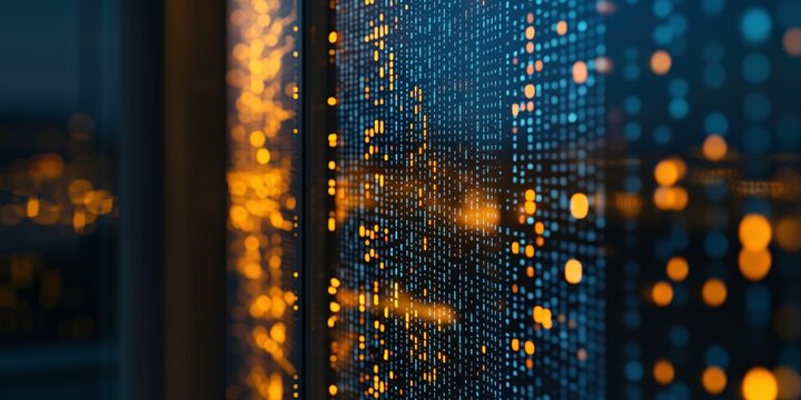 Digital Metropolis: A mesmerizing abstract pattern of binary code is displayed on a screen, with warm city lights shimmering through, creating a captivating visual metaphor for the digital age.