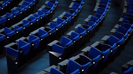 Naklejka premium BERLIN, GERMANY - July 1, 2023, empty, blue seats at the Deutscher Bundestag. Reserved for the members of the parliament. The chairs have a special color: Reichstagsblau or Reichstags-Blue