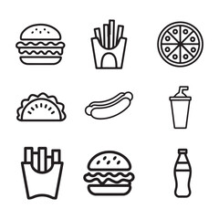 Set of fast food icons line art illustration