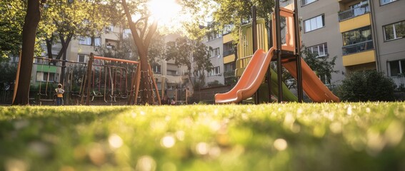 Bright playground with colorful slides and climbing frames in the garden of an apartment building