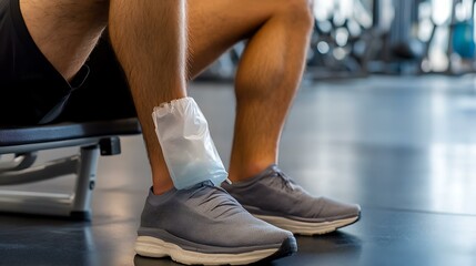 A man applying a cold pack to his ankle while sitting on a bench in a fitness gym
