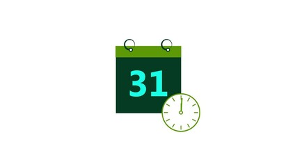 Abstract calendar icon - day 31 animation. Clock icon lime green color animation transparent  appointment, important date on white background.