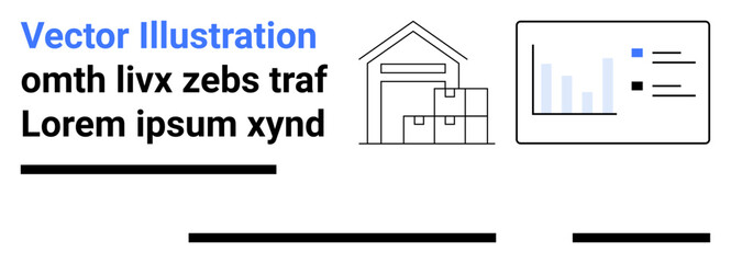 Warehouse with stacked boxes, analytics chart with bars and line graph. Ideal for logistics, data analysis, supply chain, business management, storage solutions, inventory tracking, and warehouse