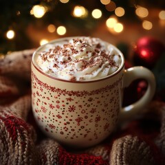 Peppermint mocha with a sprinkle of cocoa powder, served in a holiday-themed mug with a backdrop of festive decor and warm holiday lights, creating a cozy and inviting atmosphere