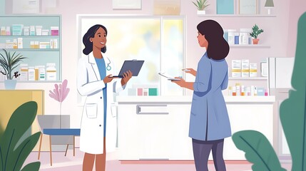 A wellness expert explaining medication options to a patient in a bright medical office