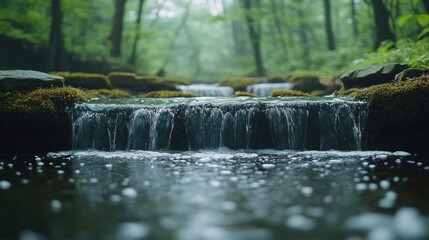 Obraz premium Serene forest stream cascading over mossy rocks.