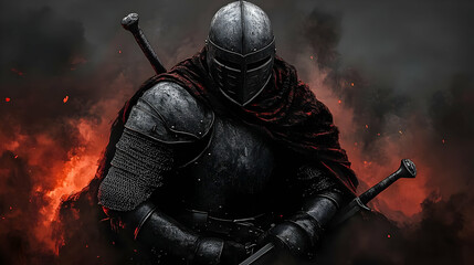 Naklejka premium Knight, battle, fire, fantasy, armor, dark, medieval, rests, digital, art