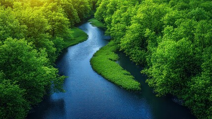 Lush green trees surround a flowing river in a vibrant natural setting