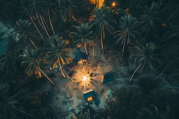 Aerial view of a cozy campsite surrounded by palm trees, featuring a campfire and tents at dusk