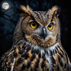 Obraz premium A great horned owl with piercing yellow eyes, illuminated by moonlight.