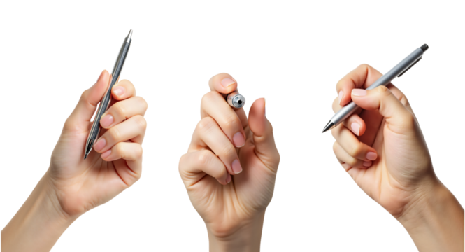 three distinct hand positions, each holding a black pen. On the left, a hand grips the pen between the thumb and index finger, suggesting a writing posture.