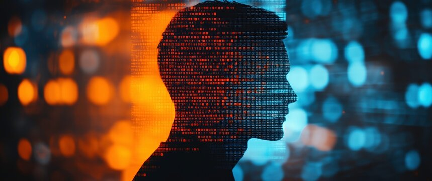Digital Mind:  A profile silhouette of a person merges with lines of digital code against a backdrop of vibrant orange and blue bokeh lights.