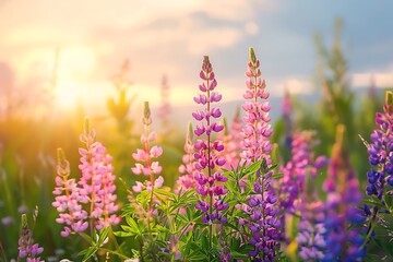 Obraz premium Flowers blooming in the field at sunset, close up