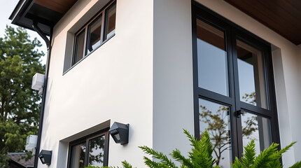 Fototapeta premium Modern House Exterior: Sleek Design with Black Frame Windows and White Walls. A picture of contemporary residential architecture, showcasing elegant design elements and stylish details.