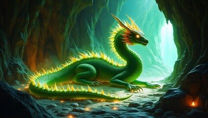 A glowing emerald dragon guards treasure in a crystal cave, with magical light streaming through cracks, creating a mystical and vibrant atmosphere