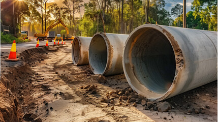 Construction site featuring multiple concrete pipes, with machinery and safety cones, set against a backdrop of trees and a golden sky
