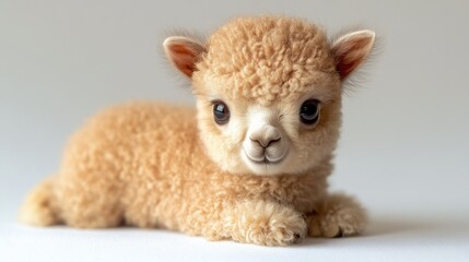 Adorable fluffy light brown baby alpaca lying down, looking directly at the camera against a white background.