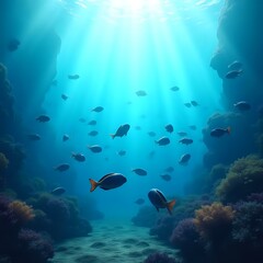 Fototapeta premium A school of small fish swims near a coral reef, with sunlight streaming down through the water and illuminating the scene.