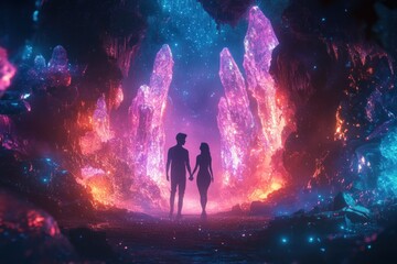 Couple in a glowing fantasy cave, holding hands as they walk among glowing crystals and magical creatures, half-body shot, their faces lit with awe and wonder