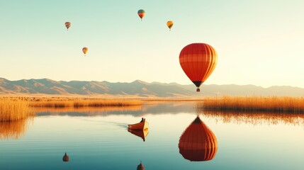 Fototapeta premium Serene Early Morning Scene of Colorful Hot Air Balloons Floating Above a Tranquil Lake with Soft Reflection on the Water During Sunrise