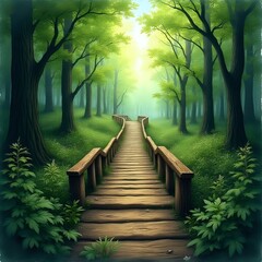 Obraz premium A wooden bridge arches over a lush, verdant forest, with sunlight filtering through the canopy and casting a warm glow on the scene.