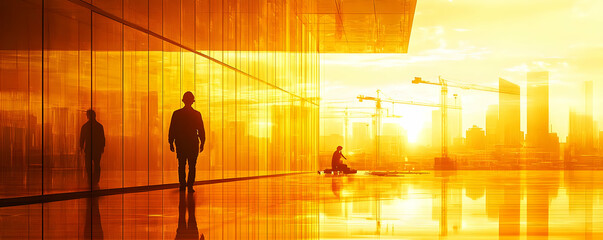 Sunset city view, workers, glass building