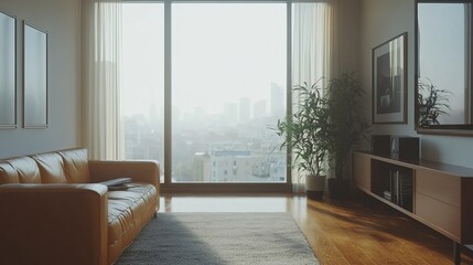 Fototapeta premium Inviting Living Room Featuring Cozy Couch Large Television and Bright Window Creating Welcoming Space