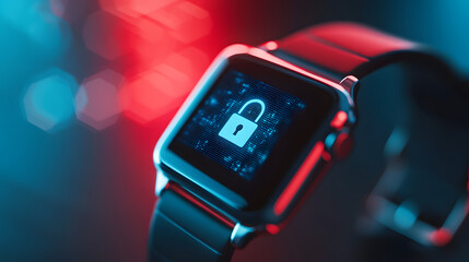 smartwatch displays digital lock symbol, indicating security breach. screen is illuminated with blue and red glow, suggesting cyber threat or hacking attempt
