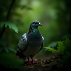 A close-up photograph of a green and black pigeon standing on a forest floor, with blurred greenery in the background.