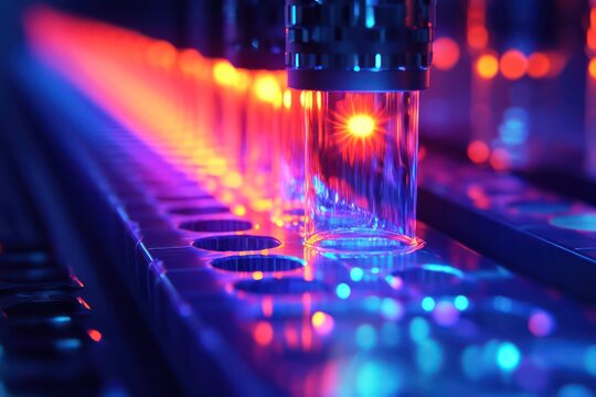 Quantum dots embedded in a futuristic material, emitting precise wavelengths of light, showcasing the potential of quantum technology