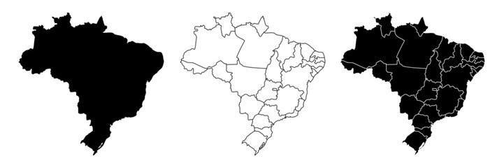 Brazil country vector map in white background.Brazil political map. Low detailed. Solid simple style. Black and white. Vector editable.