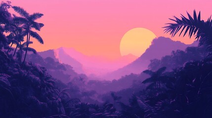 Obraz premium Tropical Sunset Landscape Purple Mountains Palm Trees