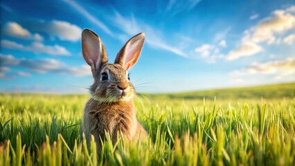 Little rabbit sitting in a field of wheat with green grass and blue sky, rabbit, outdoor,  rabbit, outdoor, agriculture, crop