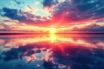Fototapeta premium Radiant sunset over a calm, reflective lake, with the vibrant colors of the sky mirrored perfectly in the still water