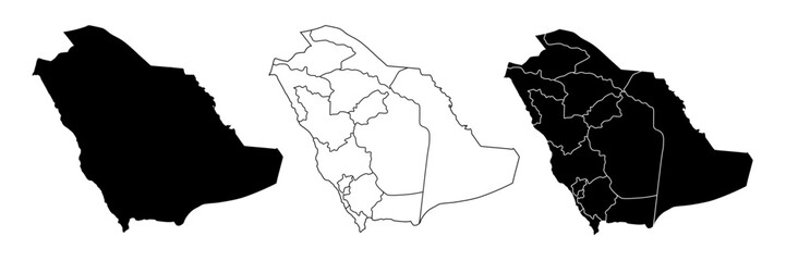 Vector Black map of Saudi Arabia country with borders of regions.