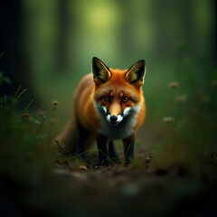 Obraz premium A red fox stands alert in a forest, its attention directed towards the camera, with a blurred green background.