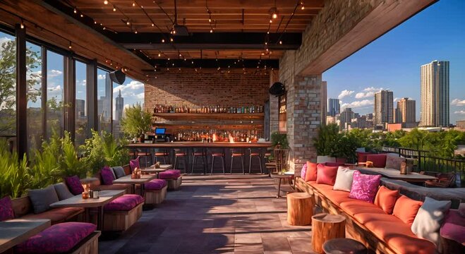 Rooftop bar with vibrant seating, city skyline in background, evening ambiance with lights