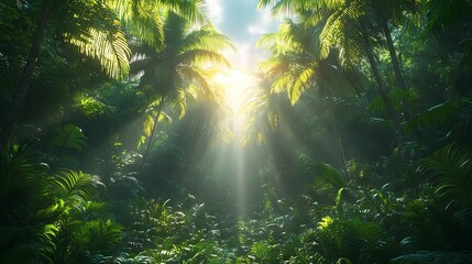 Sunbeams illuminate lush tropical jungle path.