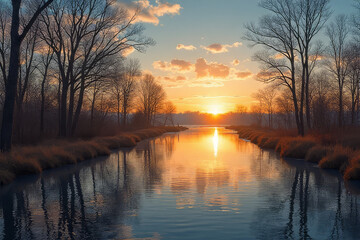 Obraz premium serene sunset over calm river, reflecting trees and clouds. warm colors create peaceful atmosphere