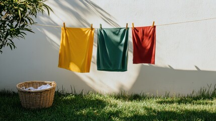 Three colorful towels hang on a clothesline against a white wall, casting shadows on the green grass below, with a basket nearby, chore and housework.