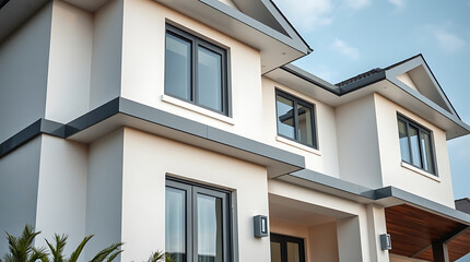 Modern Home Exterior: Contemporary Architecture and Design. Luxury Real Estate Property showcasing elegant facade, grey and white color scheme, and stunning architectural details.