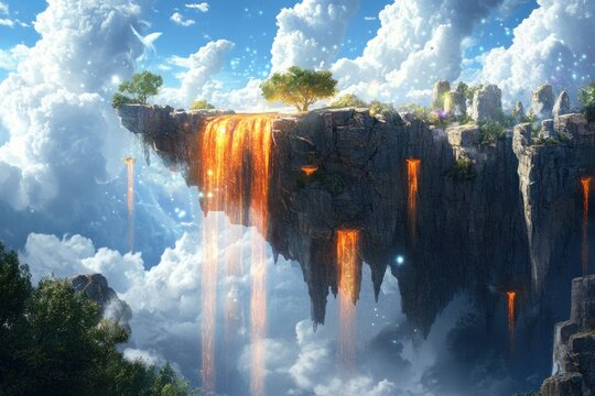 Enchanted waterfall cascading from floating rocks in the sky, no people, magical glowing crystals embedded in the rocks, with fantasy wildlife thriving below